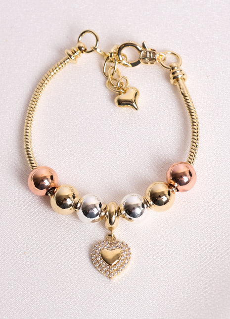 Three-Tone Beaded Bracelet with Sparkling Heart Charm