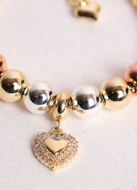 Three-Tone Beaded Bracelet with Sparkling Heart Charm